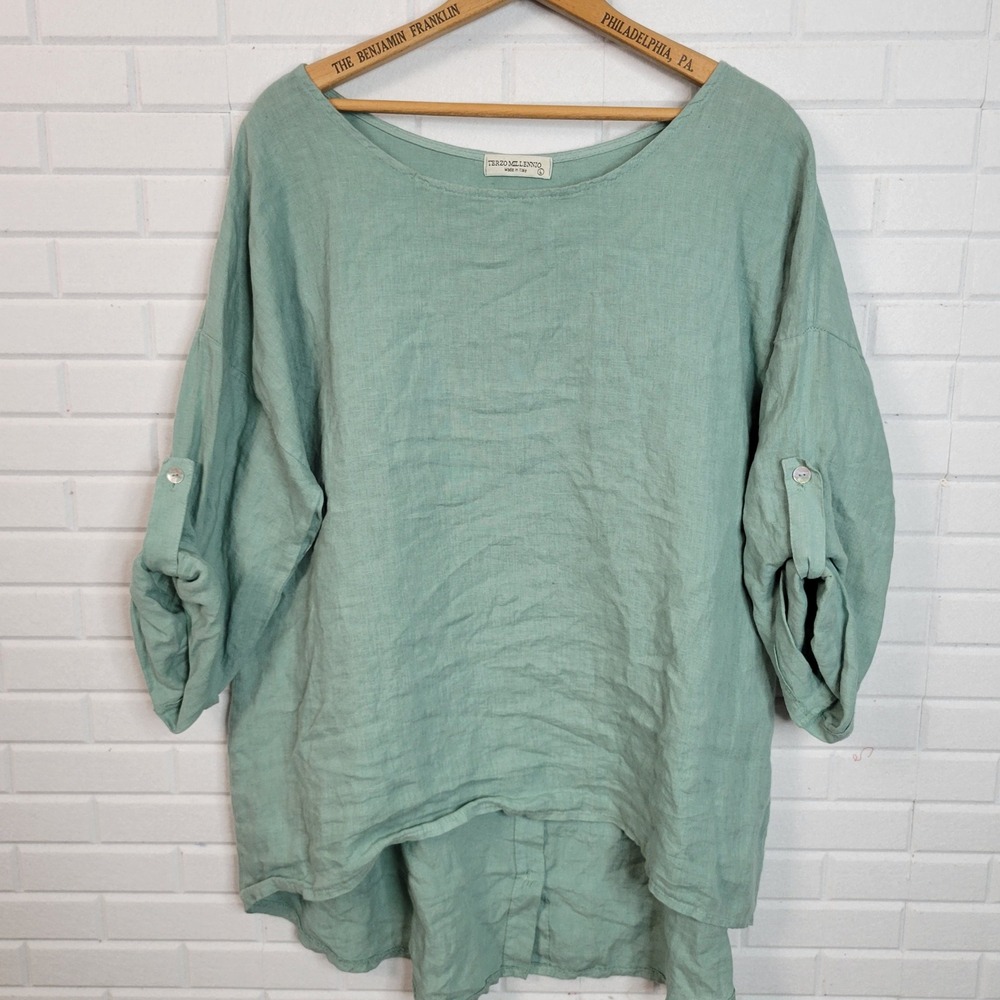 Terzo Millennio Tunic Top L Green Linen Roll Tab Minimalist Lagenlook Italy - Picture 8 of 8